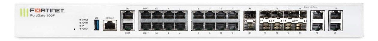 Firewall FortiGate-100F, 22 RJ45, 4 SFP, 2 SFP+, doble fuente, 3Y solo hardware (FG-100F)