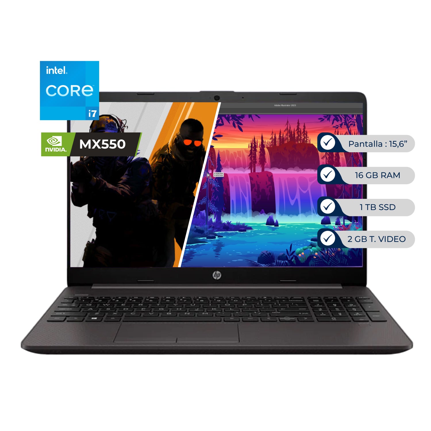 Laptop HP 250 G9, i7-1255U, 16GB, SSD 1TB,15.6" HD, 2GB MX550, FreeDOS, 1Y (7C6J8LA)