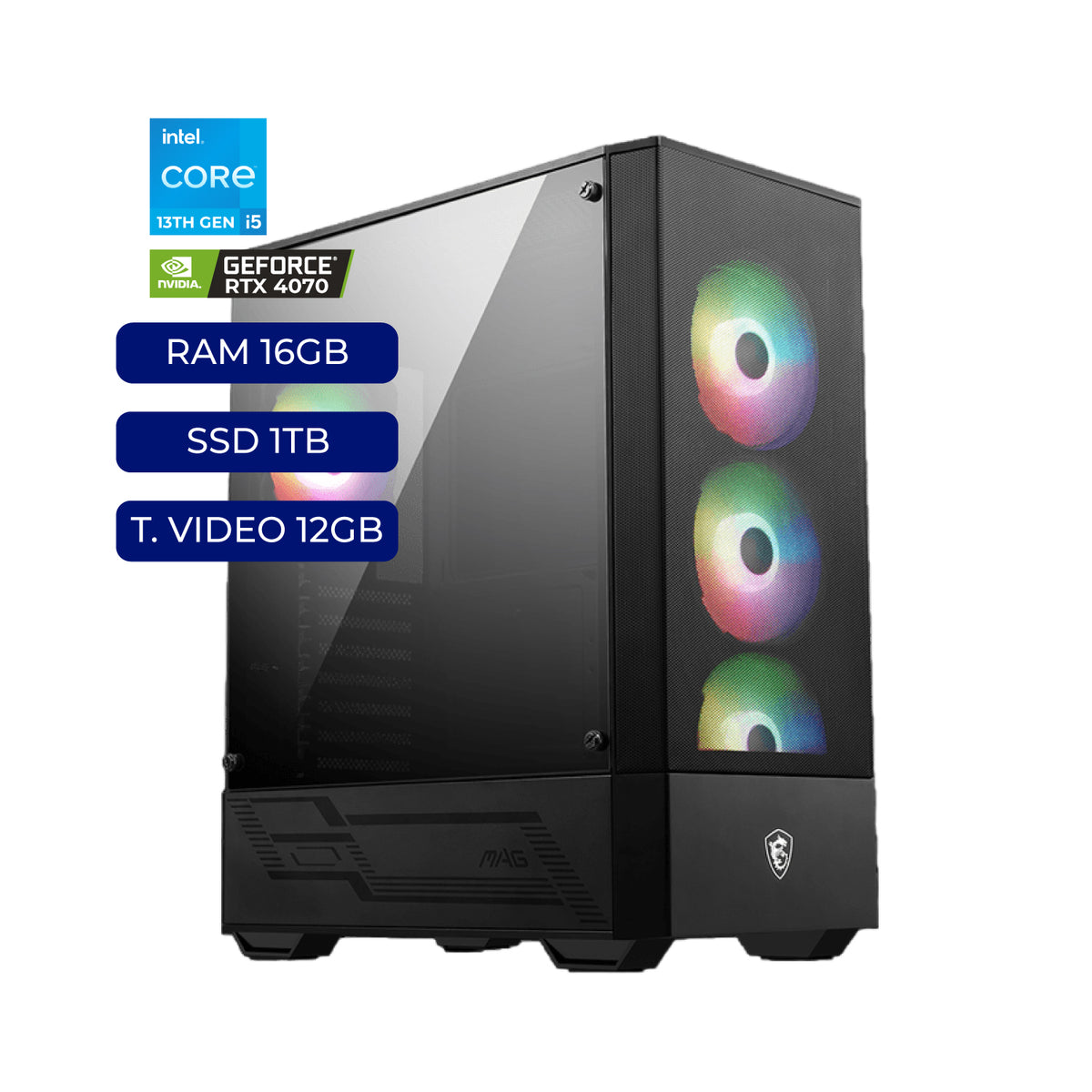 PC Core i5 13ra Gen, RTX 4070 12GB, 16GB DDR4, SSD 1TB, Case MSI 112R + Fuente 650W 80+ Gold