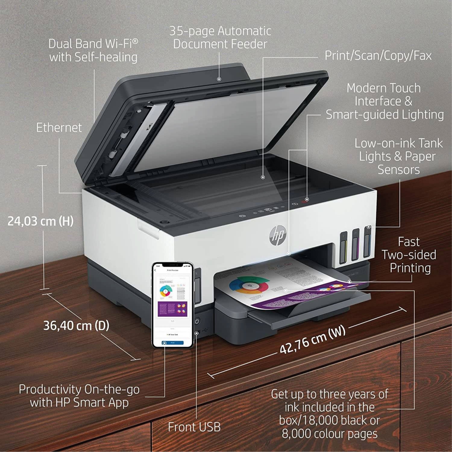 Impresora Mult. HP Smart Tank 790, USB, WiFi, LAN, Bluetooth, Dúplex, ADF, 1Y (4WF66A)