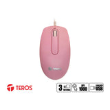 Mouse Optico Teros TE-1221S, USB, 1000dpi, 3 botones, Rosado, 1 Año (TE-1221S)