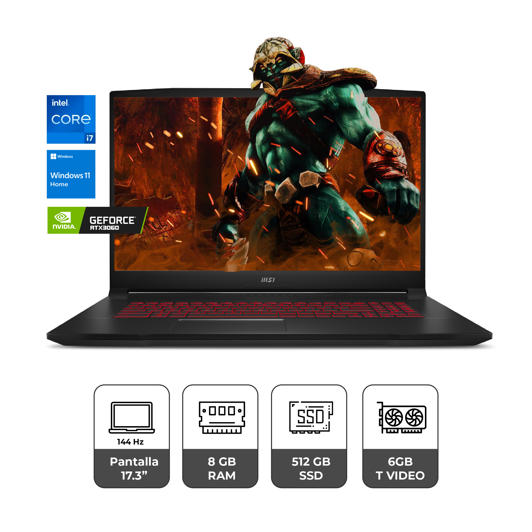 Laptop Gamer MSI Katana GF76, i7-12700H, 8GB, SSD512GB, 6GB RTX3060, FHD 17.3", W11H (9S7-17L322-683)